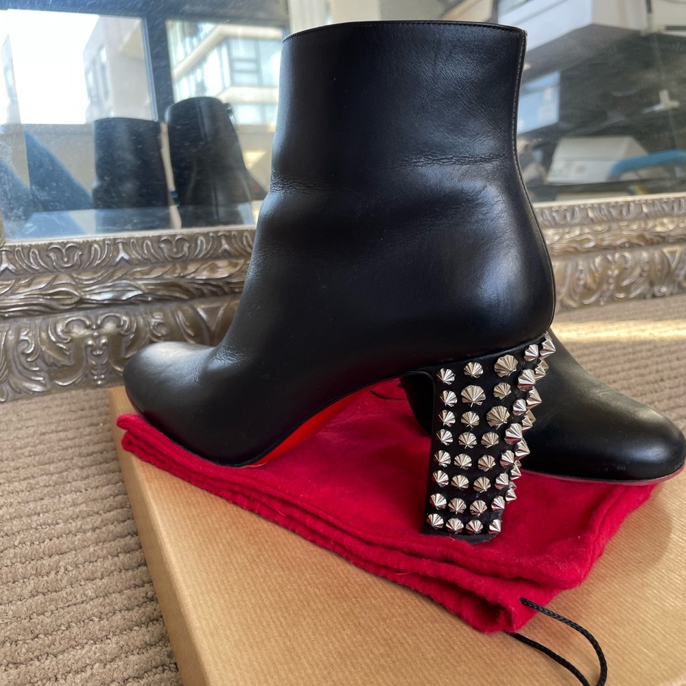 Christian Louboutin Black Leather Ankle Booties with Studded Block Heel